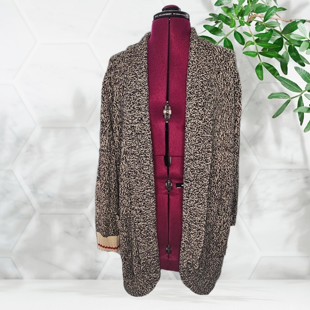 Kismet Long Chic Open Front Black Cream Knit Sweater With Pockets Womens